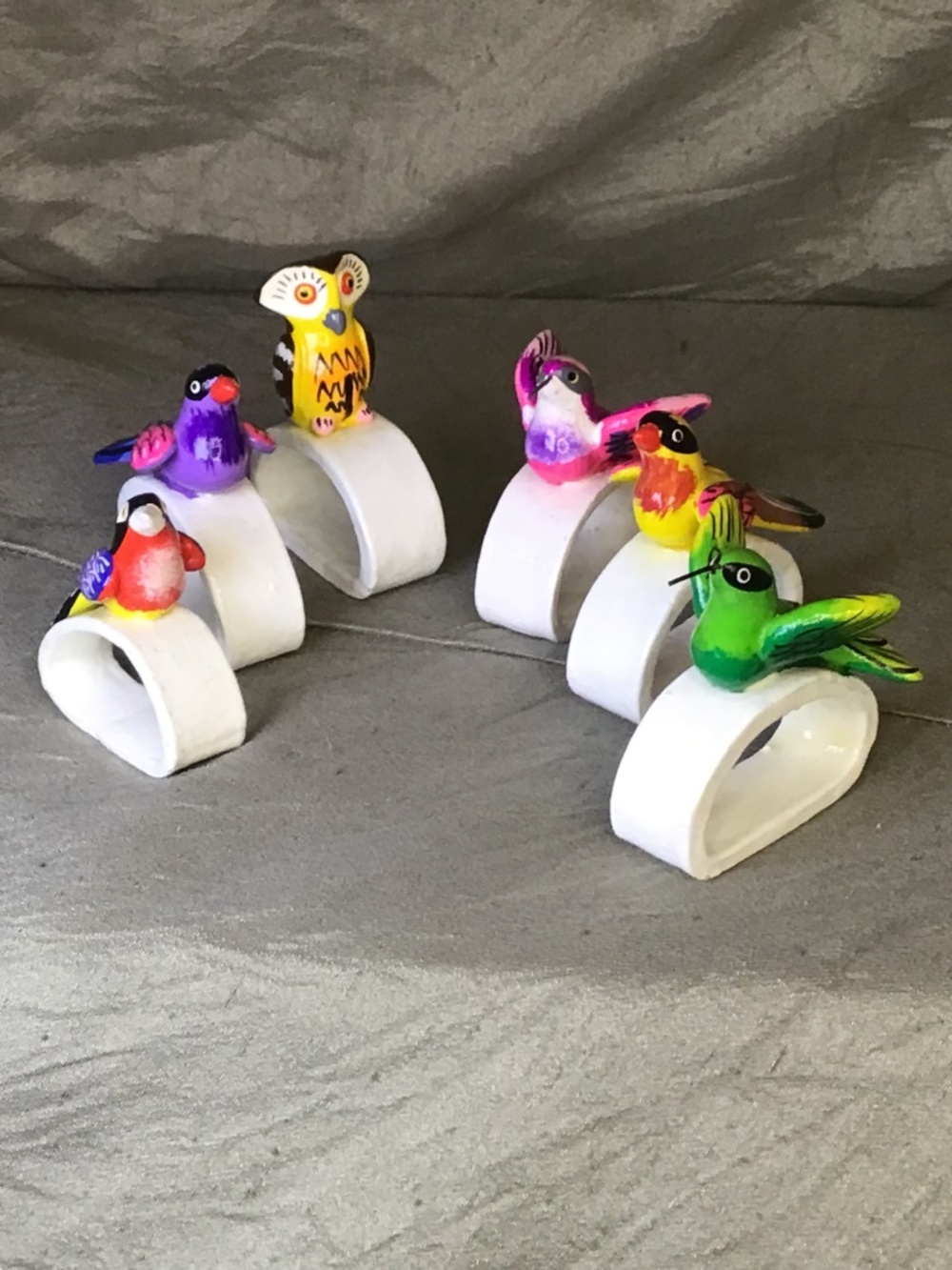 Vintage Handpainted Bird Napkin Rings . Lovely set of 6.